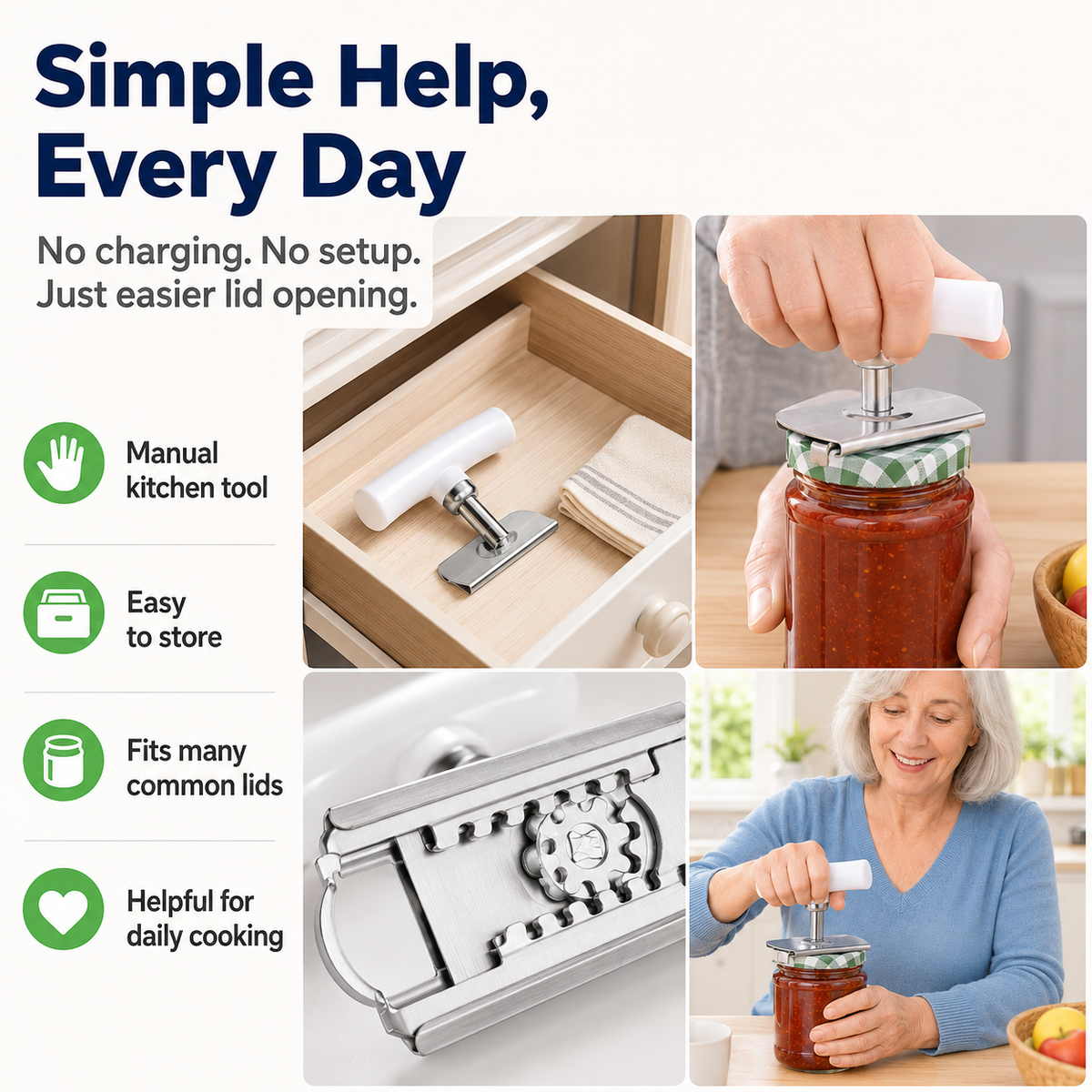 💥Adjustable Bottle & Jar Opener, Easy-Grip Stainless Steel Kitchen Opening Tool for 1–4 Inch Lids