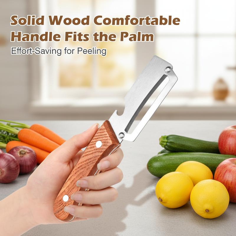 🔪Stainless Steel Sharp Peeler with Wooden Non-Slip Ergonomic Handle, Built-In Bottle Opener, Long-Lasting Construction for Fruits & Vegetables, Essential Kitchen Tool