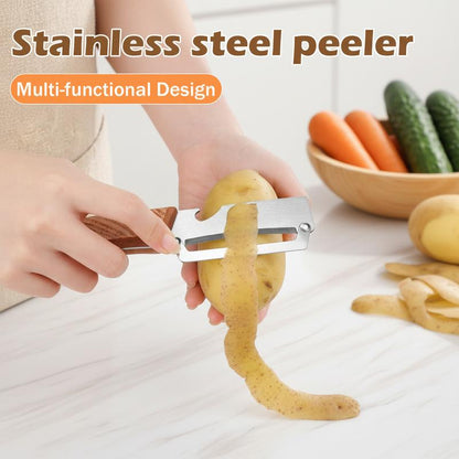 🔪Stainless Steel Sharp Peeler with Wooden Non-Slip Ergonomic Handle, Built-In Bottle Opener, Long-Lasting Construction for Fruits & Vegetables, Essential Kitchen Tool