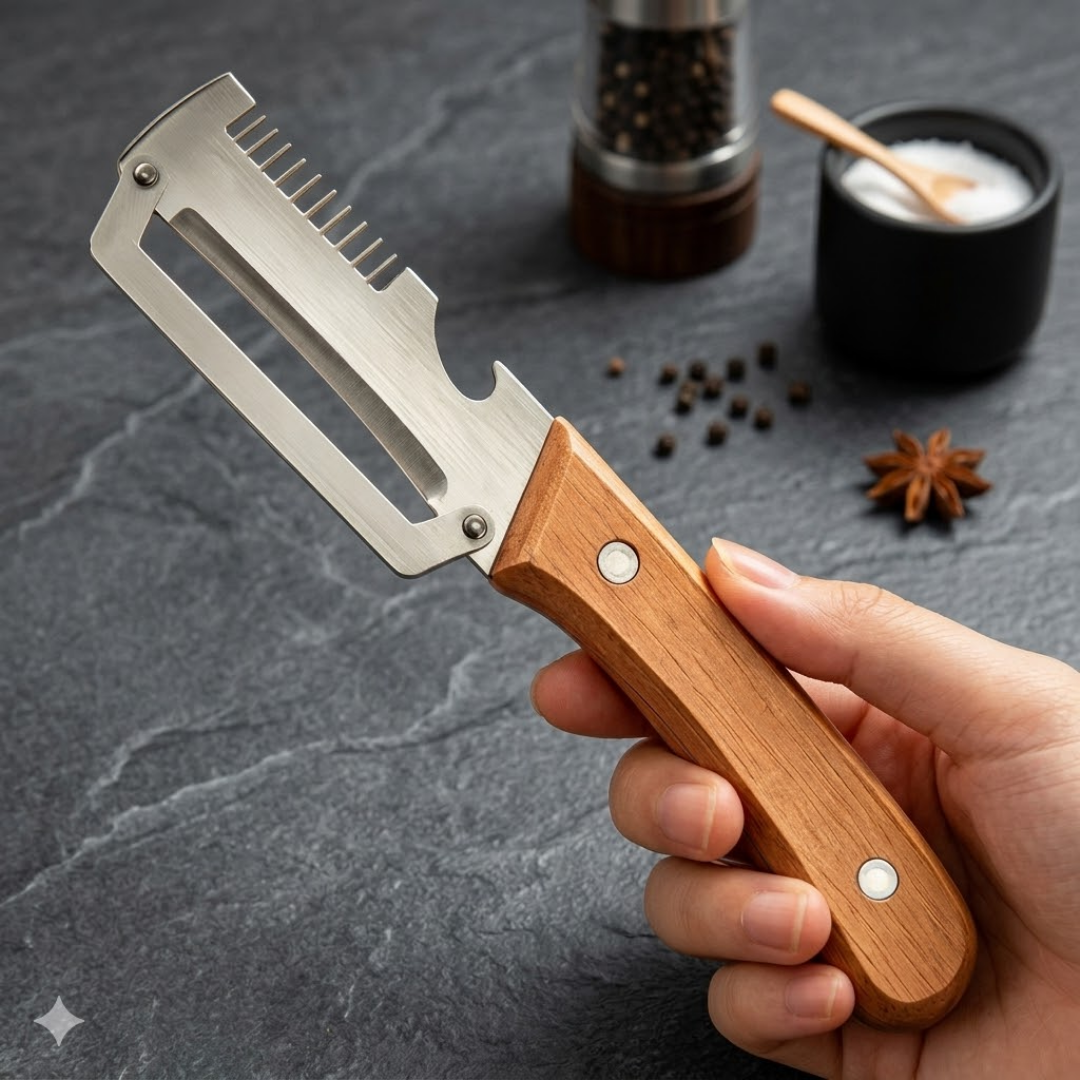 🔪2-in-1 Stainless Steel Vegetable Peeler with Wooden Handle & Bottle Opener