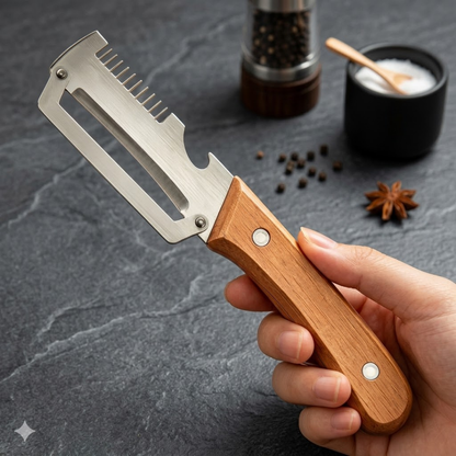 🔪2-in-1 Stainless Steel Vegetable Peeler with Wooden Handle & Bottle Opener