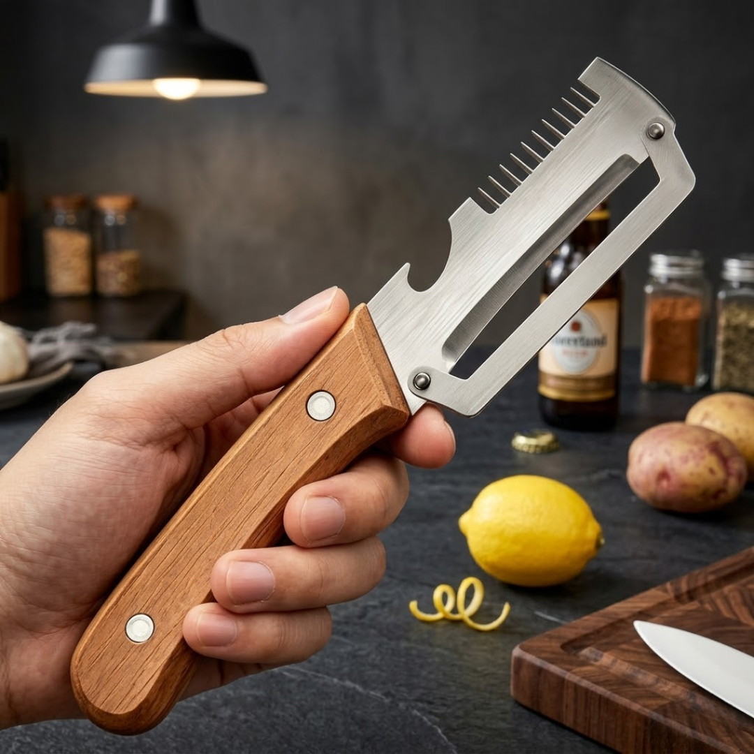 🔪2-in-1 Stainless Steel Vegetable Peeler with Wooden Handle & Bottle Opener