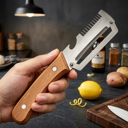 🔪2-in-1 Stainless Steel Vegetable Peeler with Wooden Handle & Bottle Opener