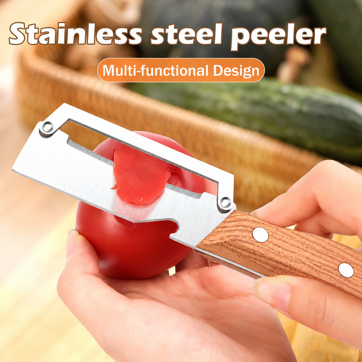 🔪Stainless Steel Sharp Peeler with Wooden Non-Slip Ergonomic Handle, Built-In Bottle Opener, Long-Lasting Construction for Fruits & Vegetables, Essential Kitchen Tool