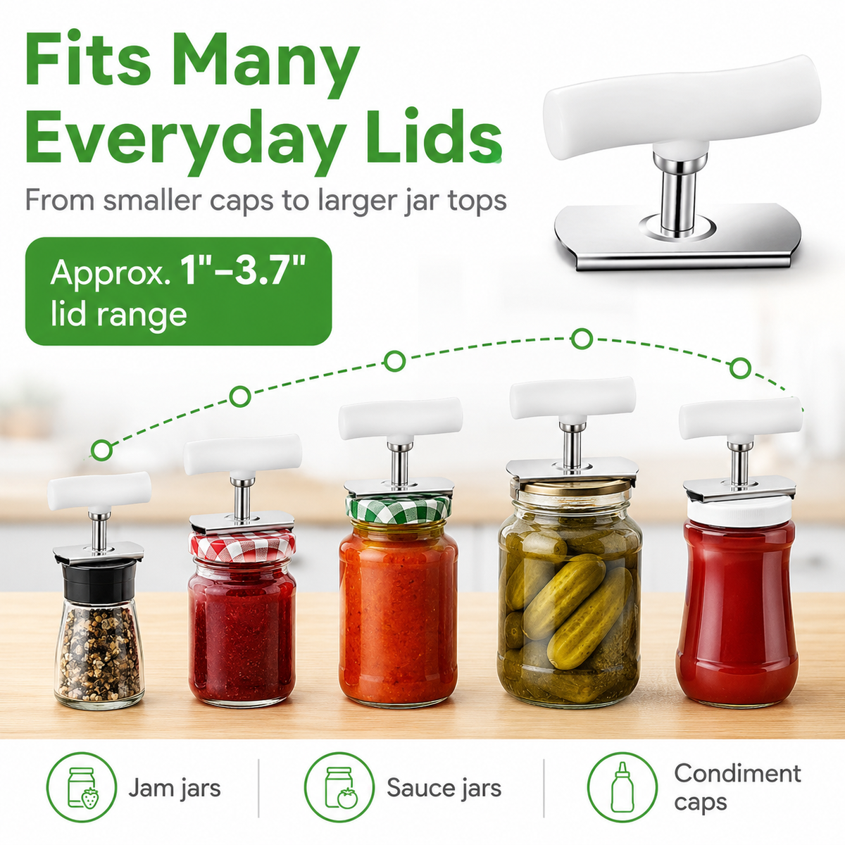💥Adjustable Bottle & Jar Opener, Easy-Grip Stainless Steel Kitchen Opening Tool for 1–4 Inch Lids