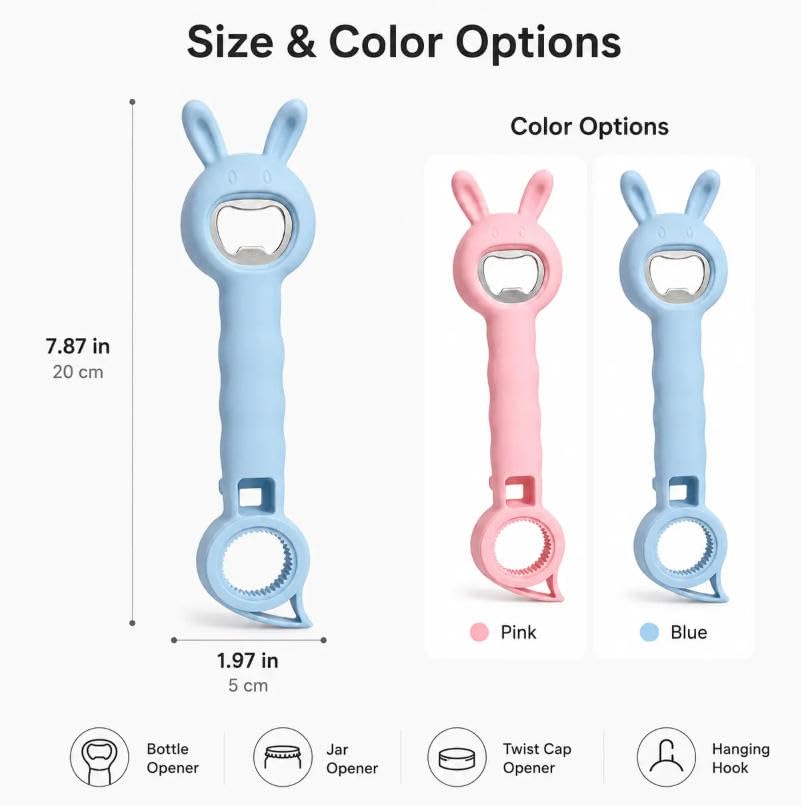 🐰4‑in‑1 Multi‑Function Bottle & Jar Opener, Bunny‑Shaped Kitchen Gadget, Easy‑Grip Tool for Tight Jar, Bottle, Twist‑Cap and Pull‑Tab Cans