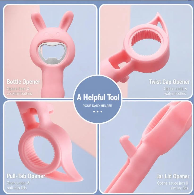 🐰4‑in‑1 Multi‑Function Bottle & Jar Opener, Bunny‑Shaped Kitchen Gadget, Easy‑Grip Tool for Tight Jar, Bottle, Twist‑Cap and Pull‑Tab Cans