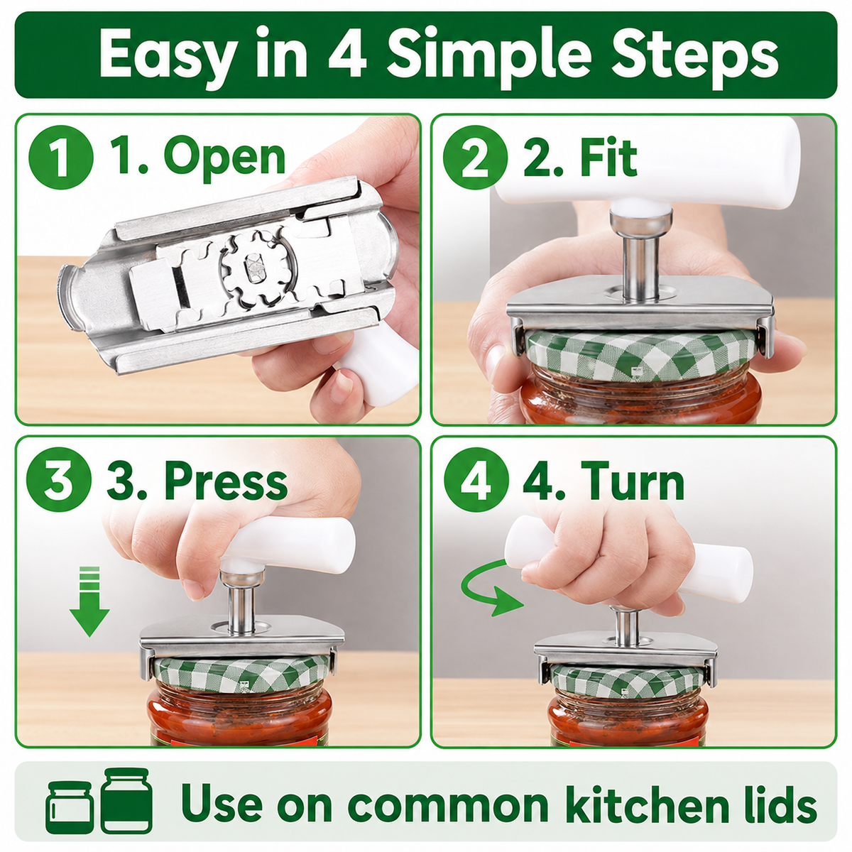💥Adjustable Bottle & Jar Opener, Easy-Grip Stainless Steel Kitchen Opening Tool for 1–4 Inch Lids
