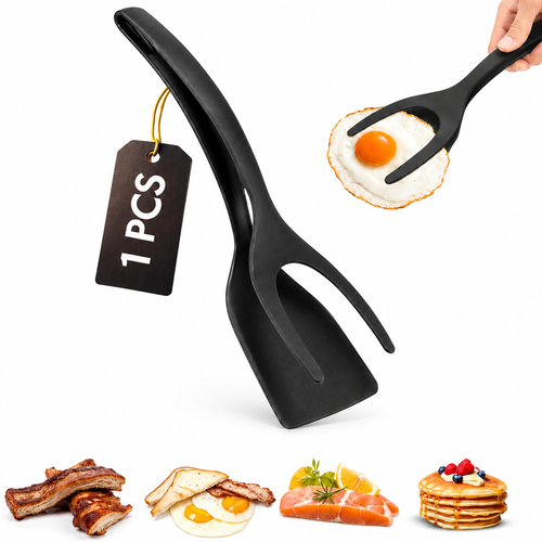 🍳Non-Stick 2-in-1 Grip & Flip Kitchen Tongs for Pancakes, Fish, Eggs, and More – Heat Resistant Cooking Tool (Black)