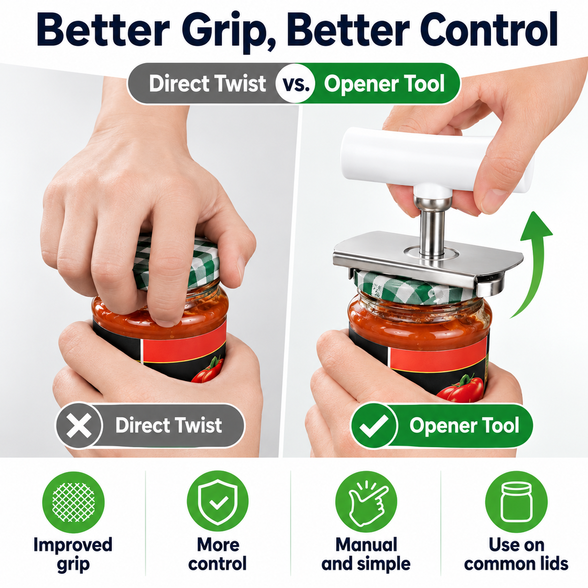 💥Adjustable Bottle & Jar Opener, Easy-Grip Stainless Steel Kitchen Opening Tool for 1–4 Inch Lids