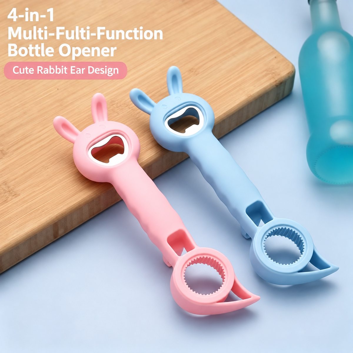 🐰4‑in‑1 Multi‑Function Bottle & Jar Opener, Bunny‑Shaped Kitchen Gadget, Easy‑Grip Tool for Tight Jar, Bottle, Twist‑Cap and Pull‑Tab Cans
