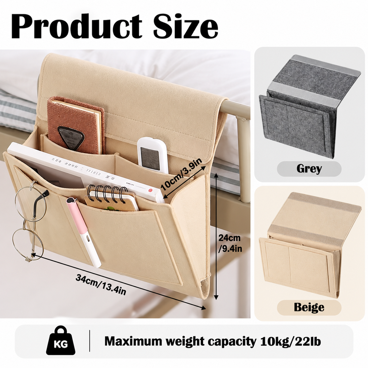 Bedside Caddy, 5 Pockets Felt Bedside Storage Organizer, Hanging Storage Organizer for Home Bedroom Living Room College Dorm Bed Water Bottles, Magazines, Phone, Glasses