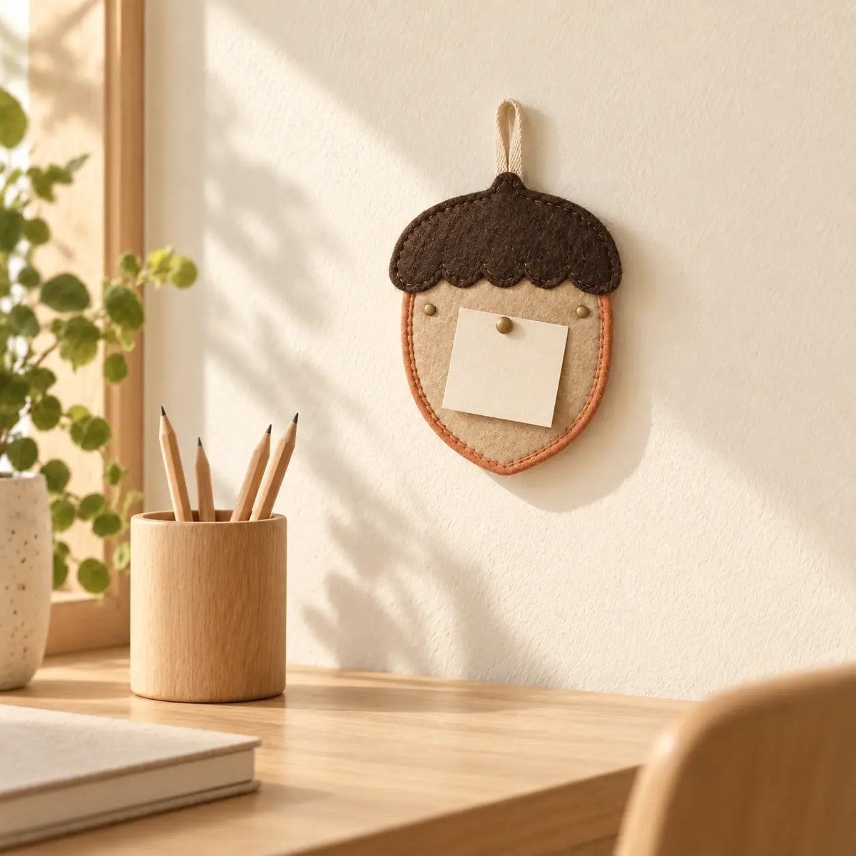Acorn Mini Pin Banner beside a desk