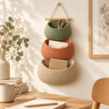 Pebble Pocket Wall Organizer beside a creative desk