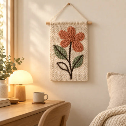 Quiet Bloom Yarn Tapestry beside a reading desk