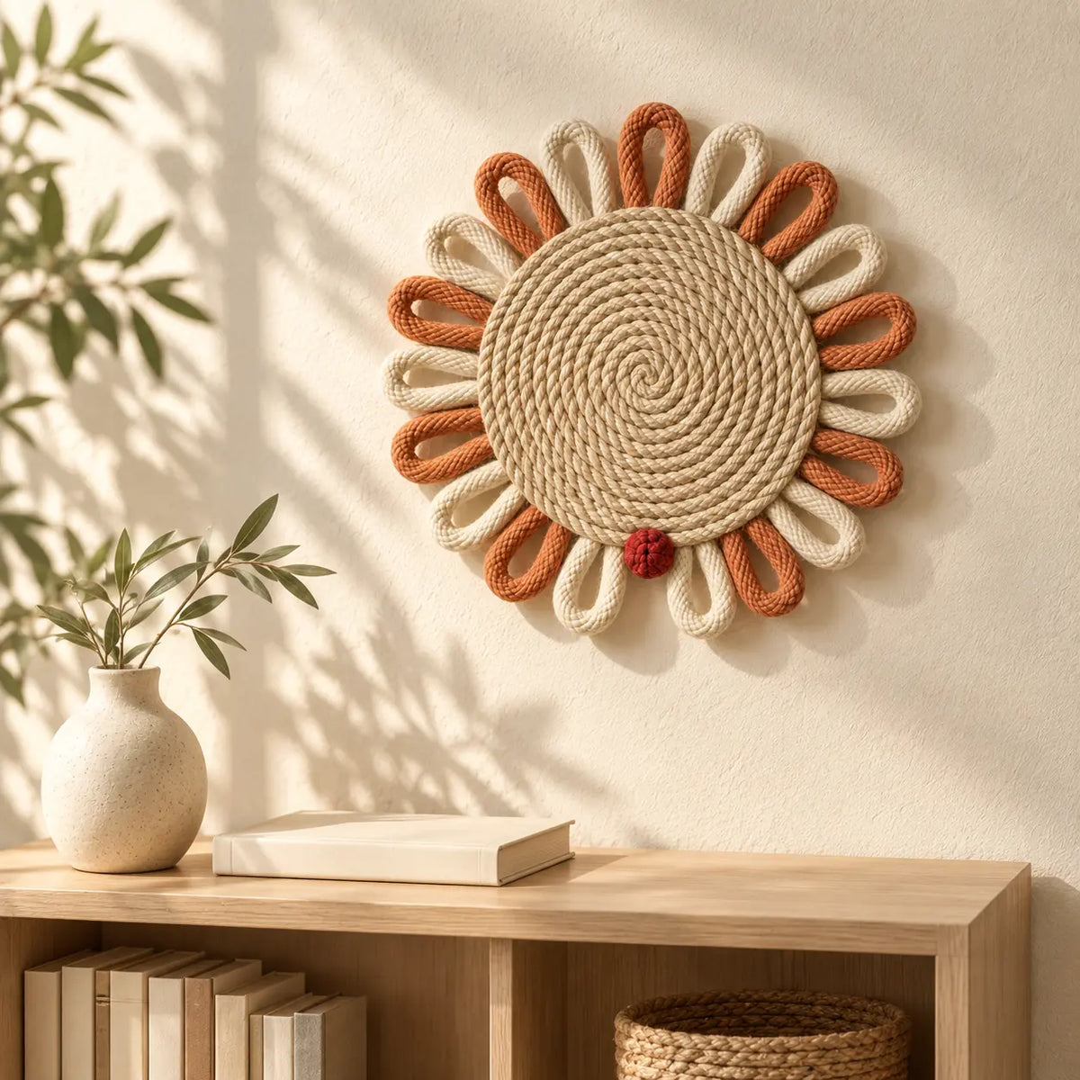 Sunloop Woven Wall Charm above a shelf
